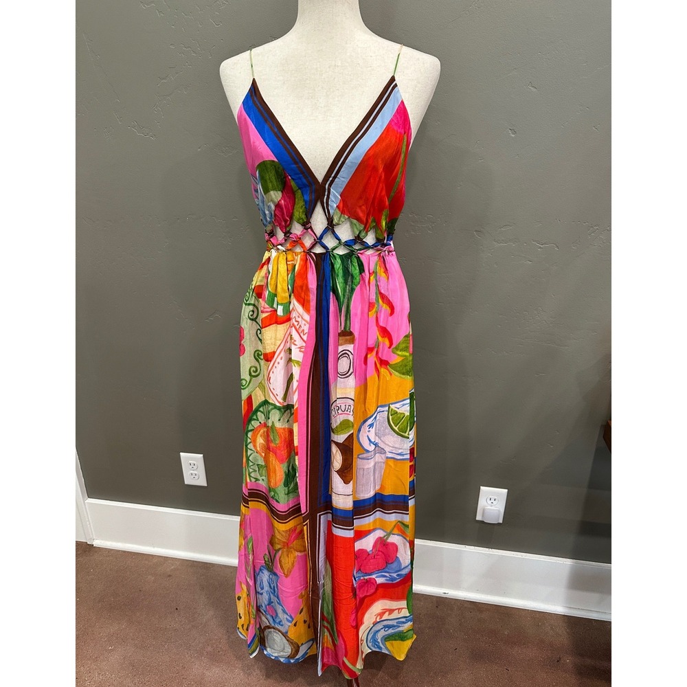 NWT FARM Rio Summer Picnic Macrame Yoke Maxi Dress M Tropical Boho - Picture 2 of 16